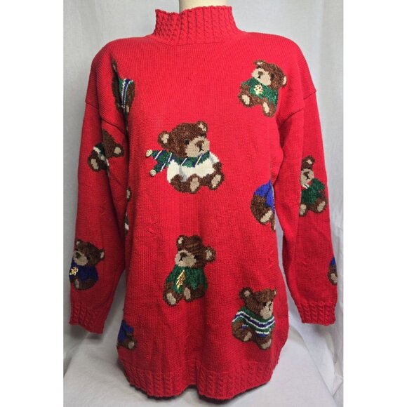 Marisa Christina 1994 Christmas Sweater Size Medium Red Teddy Bears Mock Neck - Picture 1 of 14